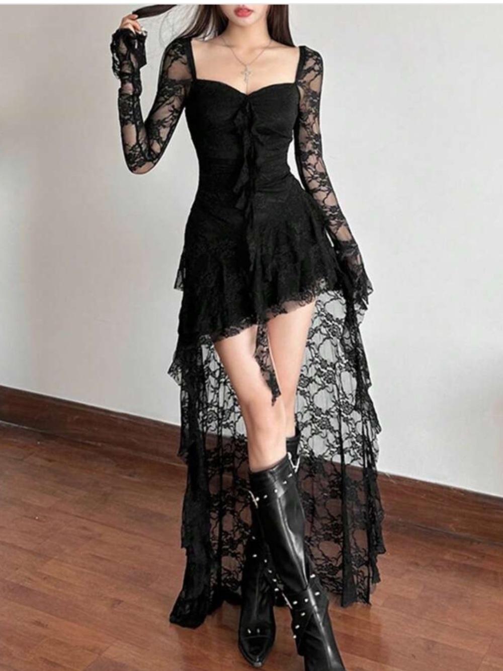 Black Lace High-Low Skirt - Elegant Gothic Style